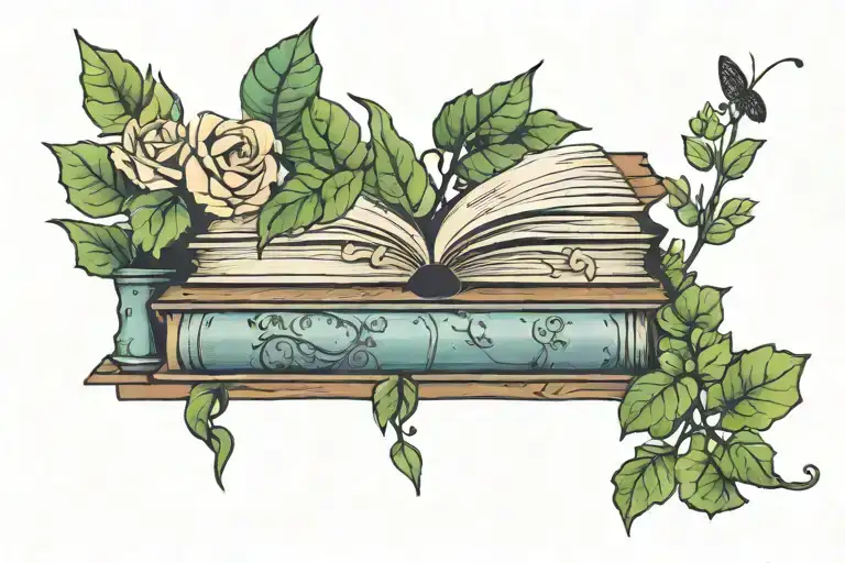 Horizontal Single Book Shelf Tattoo With Creeper Plant With Flowers Twirling Around