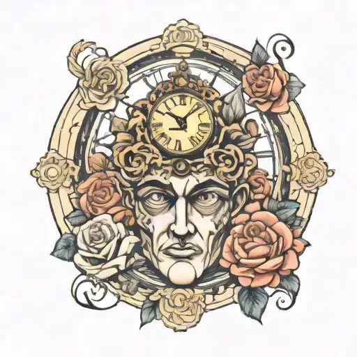 Greek God Face With Roses And Roman Clock With Eye In The Centre