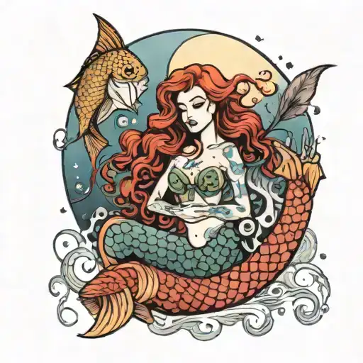 A Mystical Red Haired Mermaid Casting Spells Under A Full Moon With Pisces Fish