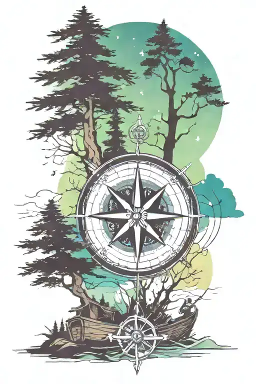 Compass Rose With Northern Light And Pine Trees Above It And A Fisherman In A Boat