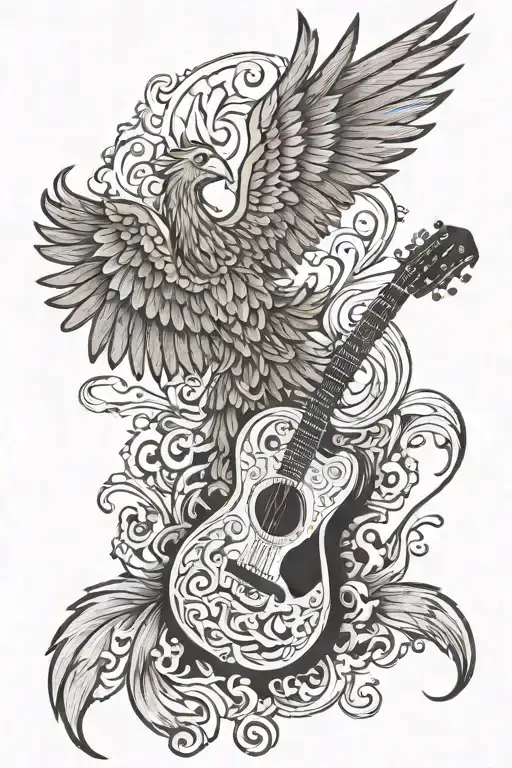 A Phoenix Rising From A Guitar With Lyrics Woven Into Its Feathers