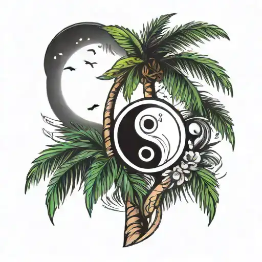Curved Cocunut Palm Tree With Yin And Yang As A Moon Behind It