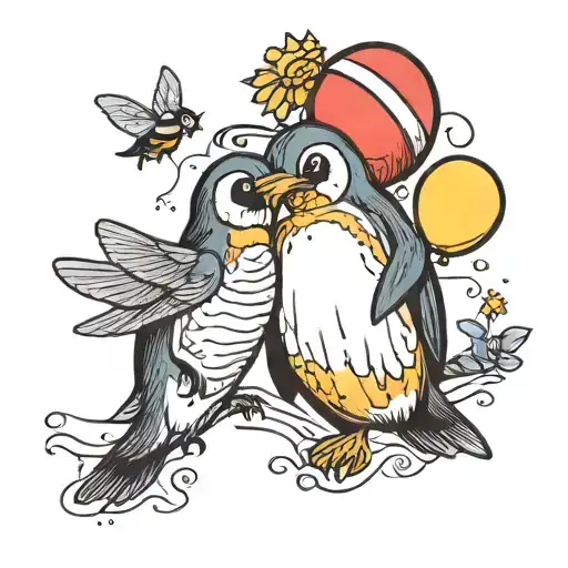 Penguin And Bee With A Balloon Flying
