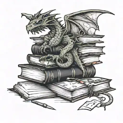 Stack Of Books With A Knife Piercing And A Dragon Wrapped Around The Books