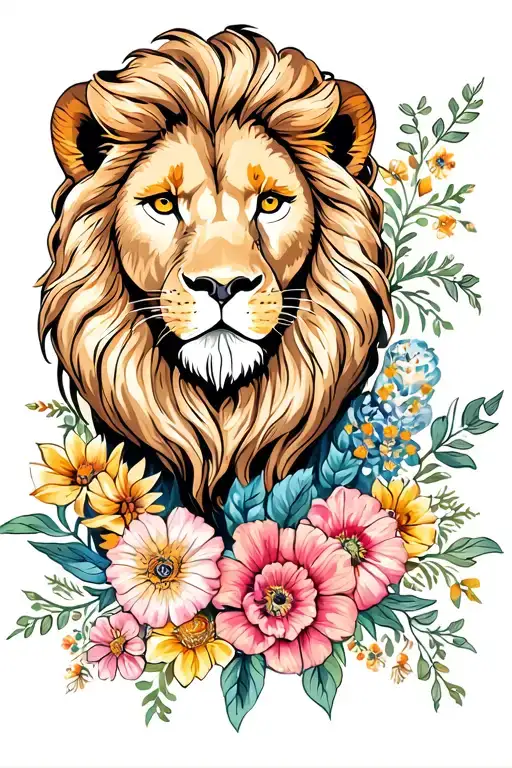 Lion & August Birth Flowers Surrounding
