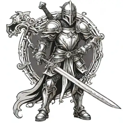 Black And White Dark Fantasy Medieval Knight Standing With A Sword In His Hands Pointing Down
