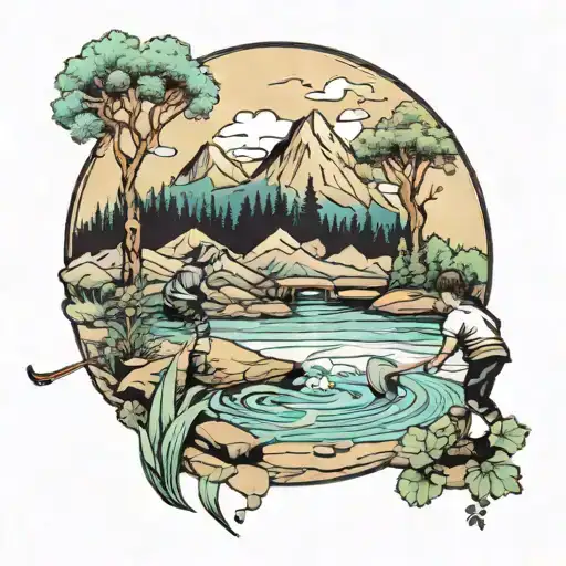 Two Kids Playing Pond Hocke With Mountains And Trees