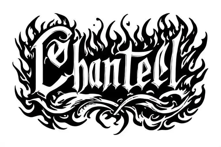 The Name Chantell In Fancy Font Surrounded By Flames On Front Of Bicep