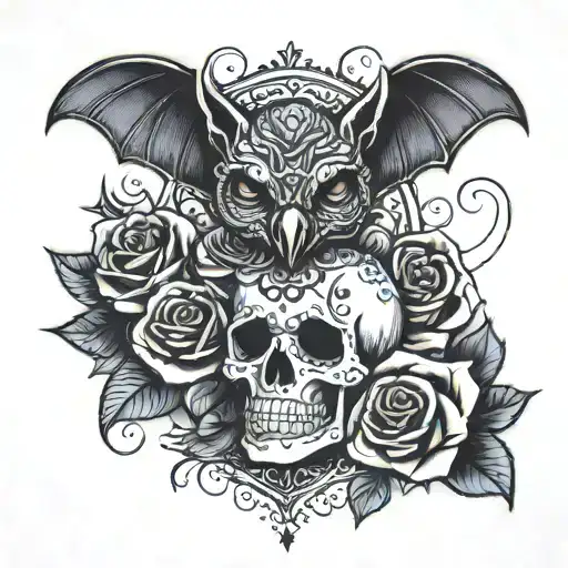 A Bat With A Sugar Skull And A Rose
