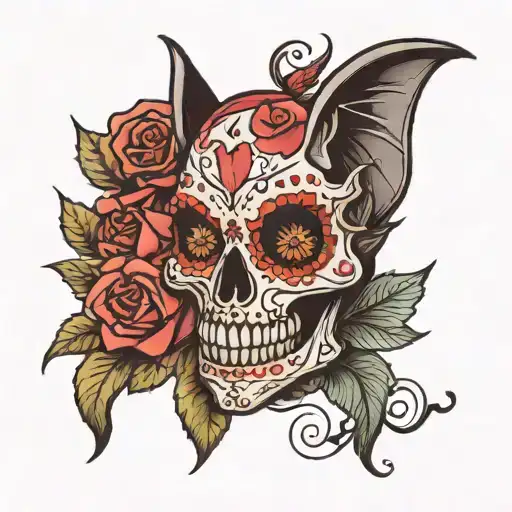 A Bat With A Sugar Skull And A Rose