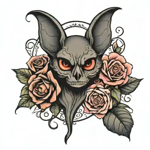 A Bat On Top Of A Sugar Skull And A Rose