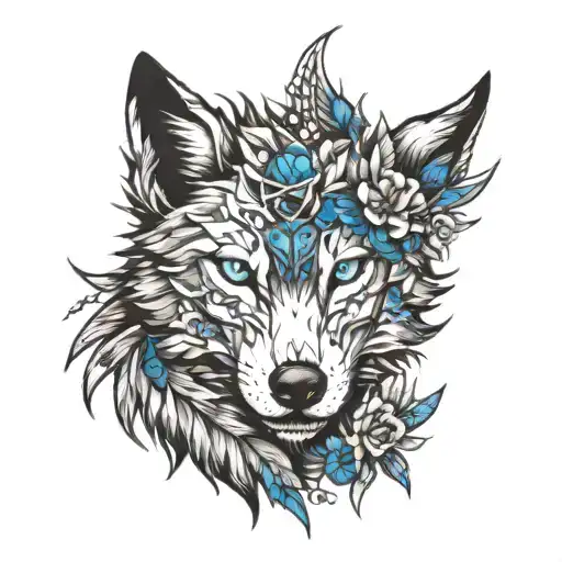 Wolf With Blue Eyes Thorns Around The Neck And Wings Of Freedom