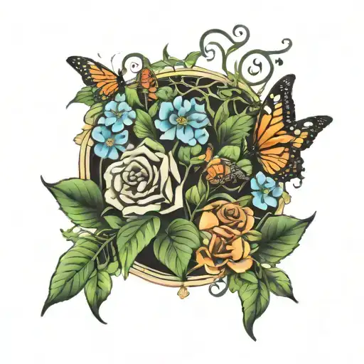 Plant Vines Flowers And Butterflies Surrounding