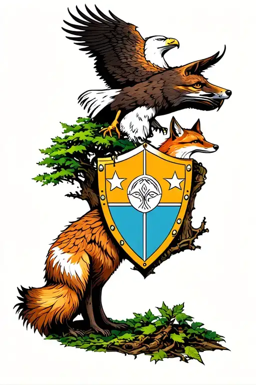 Tattoo With A Shield Eagle Fox And Tree Growing