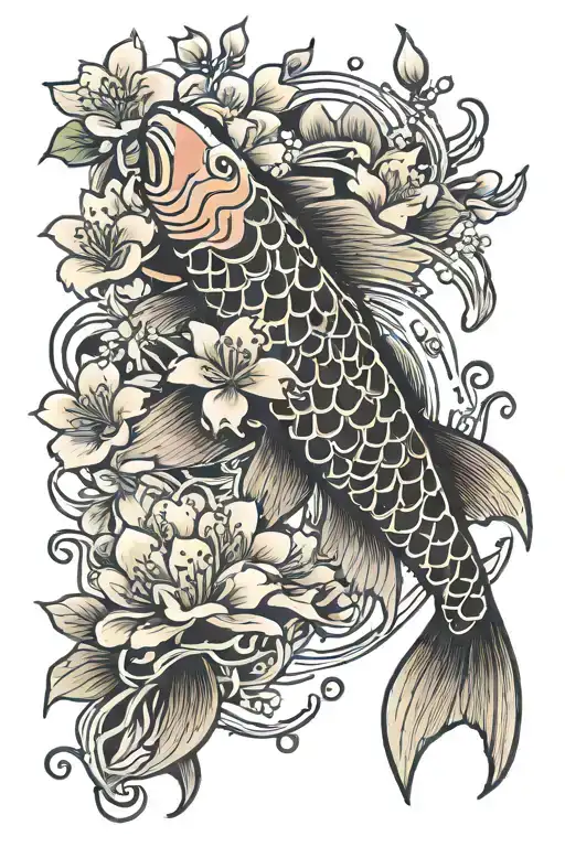 Koi Fish With Cherry Blossoms Blooming
