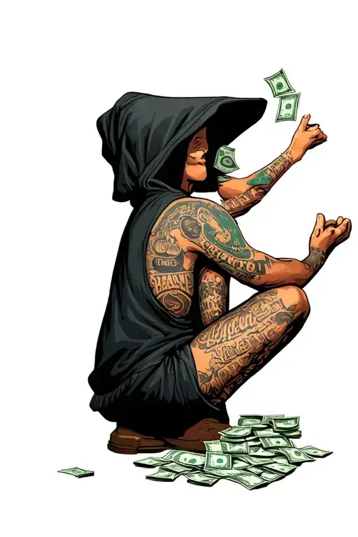 Person With Hood On Sitting Counting Money Wit Words Saying In Too Deep