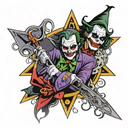 A Joker Card With A Star In The Center With A Joker With A Scythe Sitting On It