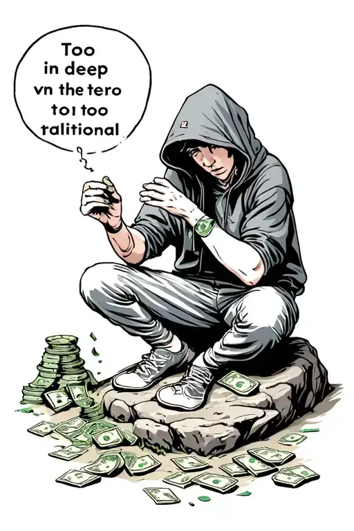 Person With Hood On Sitting On A Rock Counting Money Wit Words Saying In Too Deep