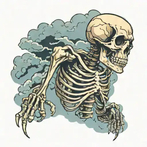 Upper Body Of A Skeleton Ripping Throughn Clouds Surrounding