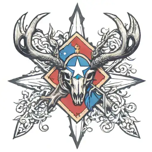 Texas Flag And Deer Skull On Top Of Cross Compass Surrounded