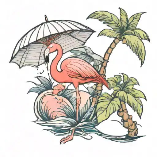 Flamingo On An Island With A Parasol