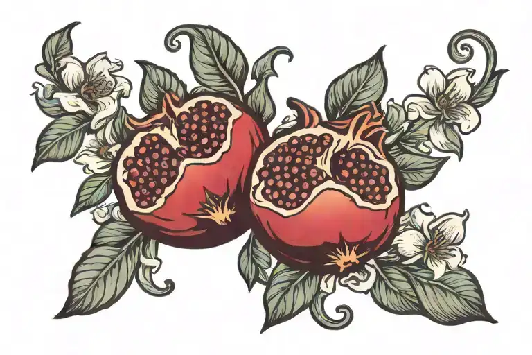 Pomegranate Rib Tattoo With Flowers And Leaves Intertwined