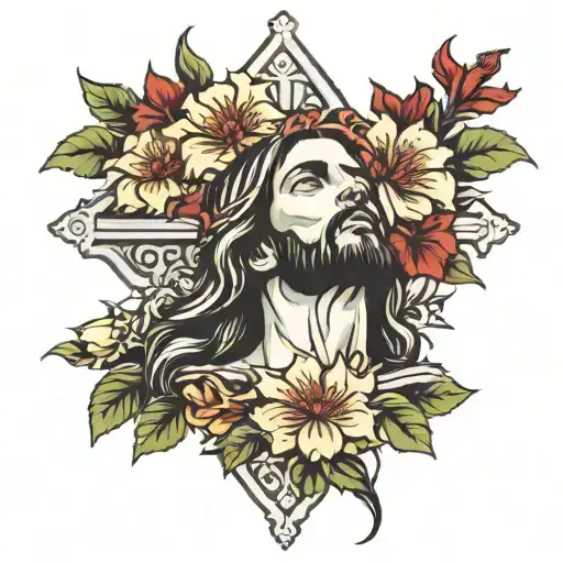 Jesus On His Cross Laying In Flower Bed