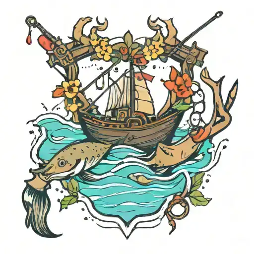 Fishing Rod With Boat Ores And Antlers Intertwined