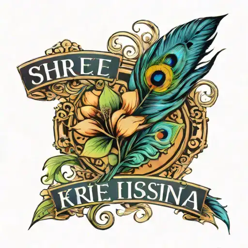 Shree Krishna Text In Hindi Text Tattoo Design Featuring Peacock Feather