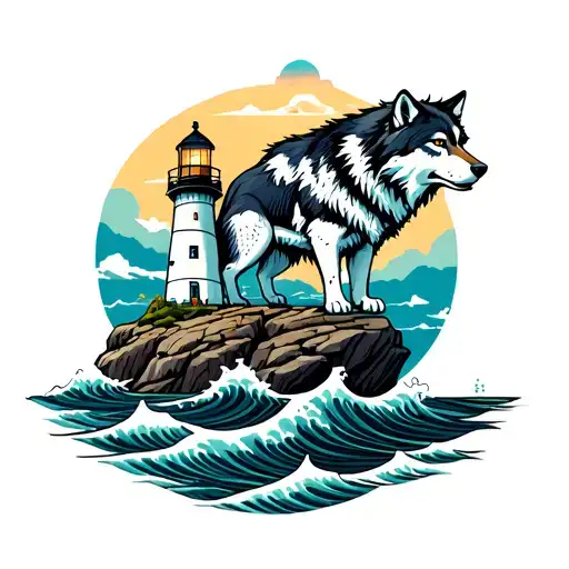 Lighthouse With Waves And A Wolf Perched On A Rock