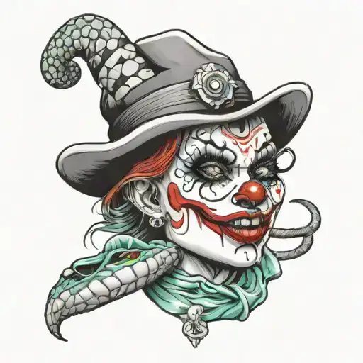 Draw A Scary Clown Face With A Snake Bead Card In Her Hand And A Roll On Her Lips