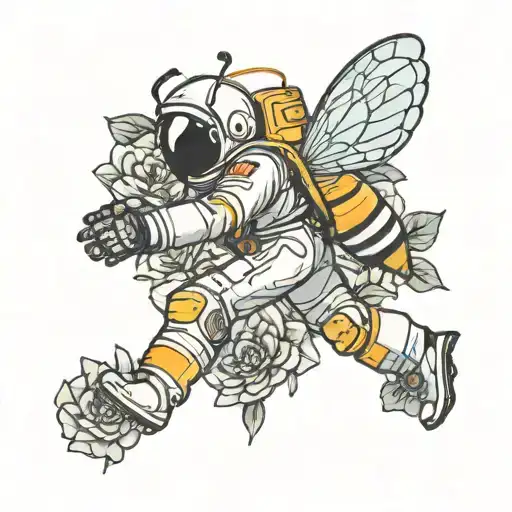 Astronaut With The Wings Of A Bee Floating Over A Large Flower