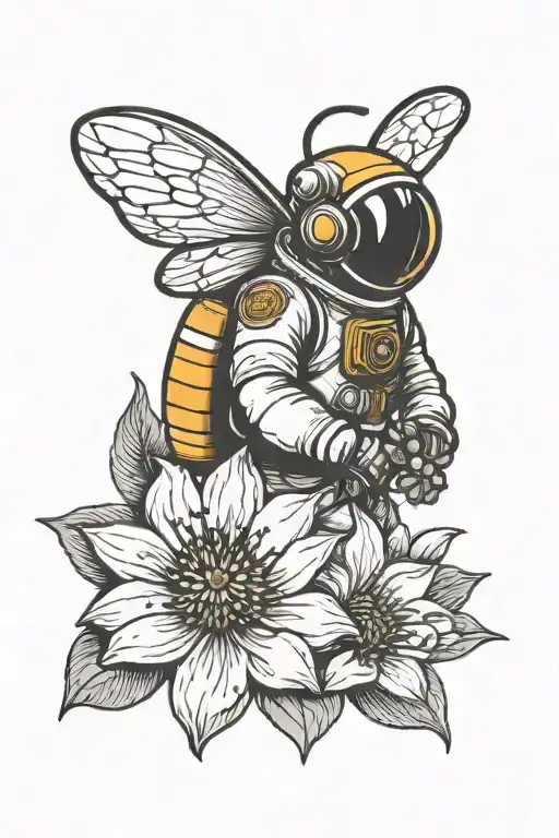 Minimalist Astronaut With The Wings Of A Bee Hovering Over A Flower
