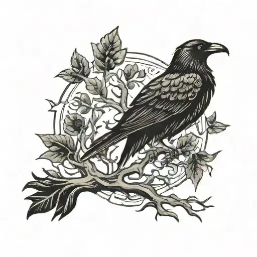 Nordic Style Tattoo Of A Tree With A Black Raven On Top