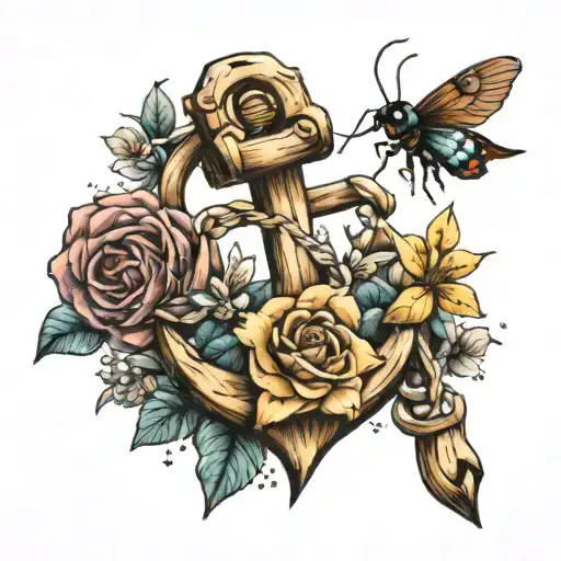 Wooden Anchor With Flowers And Insects