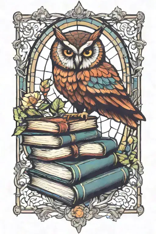 Stained Glass Owl And Books With Bright Colors