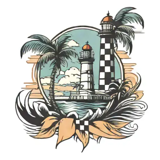 Lighthouse And Palm Tree And Checkered Flag