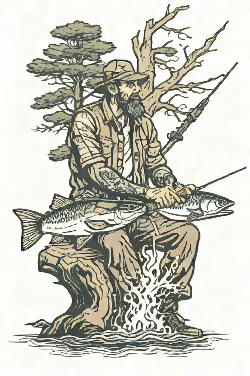 Fisherman Leaning Against Tree With Line In Water And A Campfire