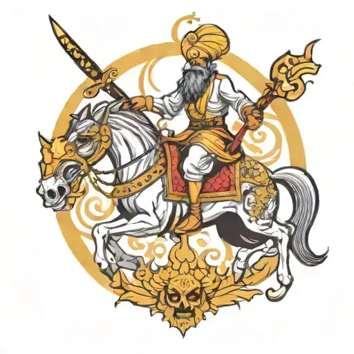 Sikh Worrier On Horse With Sword Killing Demon