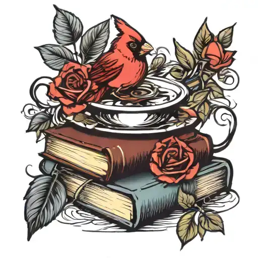 Stack Of Books With Cardinal Perched And Teacup With Roses