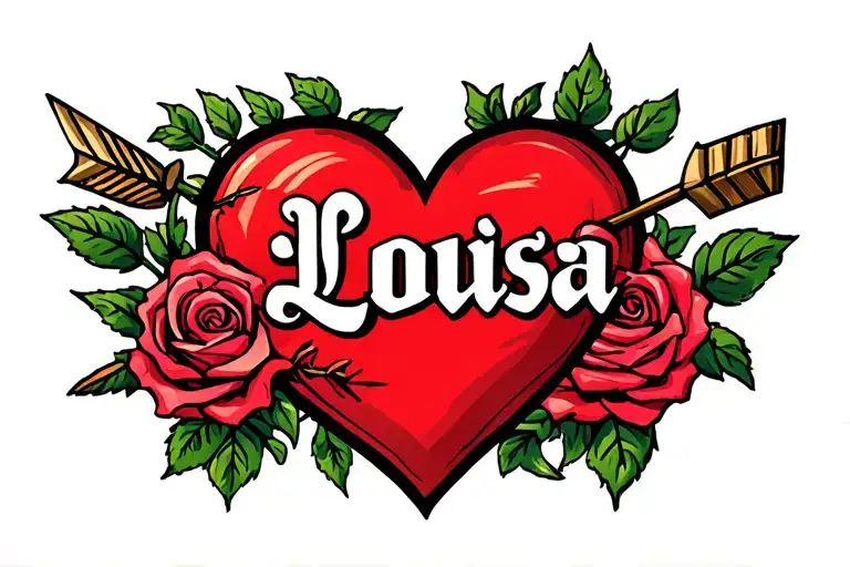 Louisa Name In Arrow Heart With Roses Around The Heart Lining - Heart To Be Diagonal