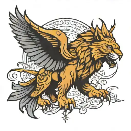 Hawk Spreading Wings Wrapped Around Roaring Lion