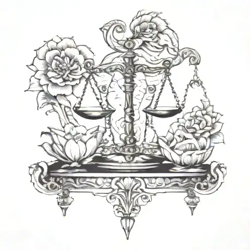 Libra Scales With Lotus Flower And Elephant Surrounded