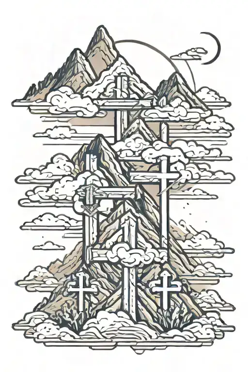 Mountains With 3 Crosses And Clouds In The Background