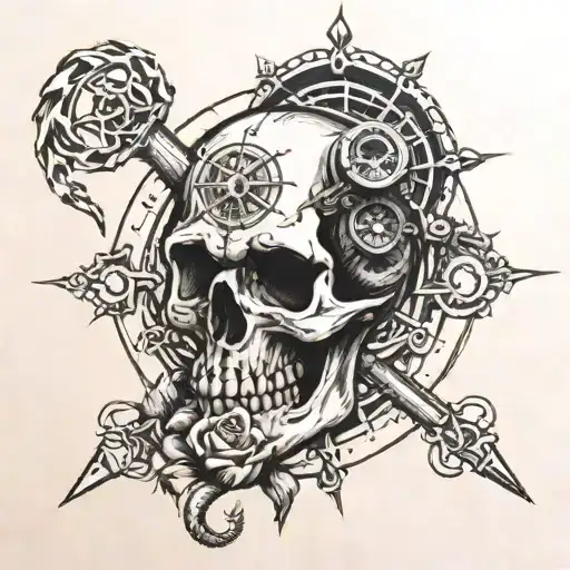 Skull Snake Motorcycle Engine Compass Rose