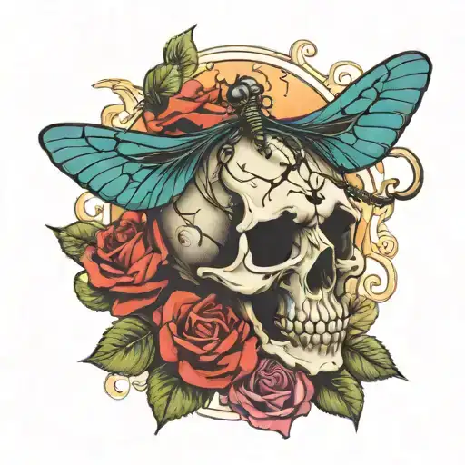 Skull With Dragonfly On Top Of Rose