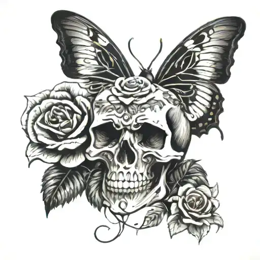 Skull Butterfly And Roses Intertwined