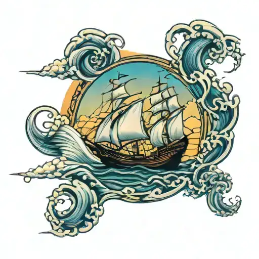 Ships Sailing On Sunset Ocean Waves On World Map