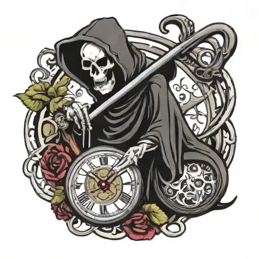 Grim Reaper With Scythe And Pocket Watch Surrounded