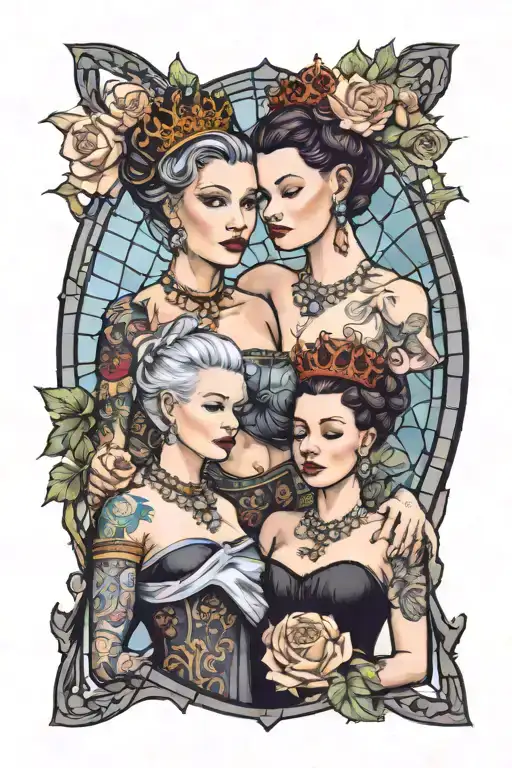 2 Young Queens With A Mother Queen Standing Over Thme With Stain Glass Windows In The Backround